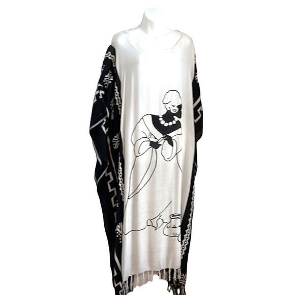 Vintage Y2K Lady Scoop Neck Tassel Kaftan MuMu Beach Cover Up 1X Black White - Picture 5 of 16